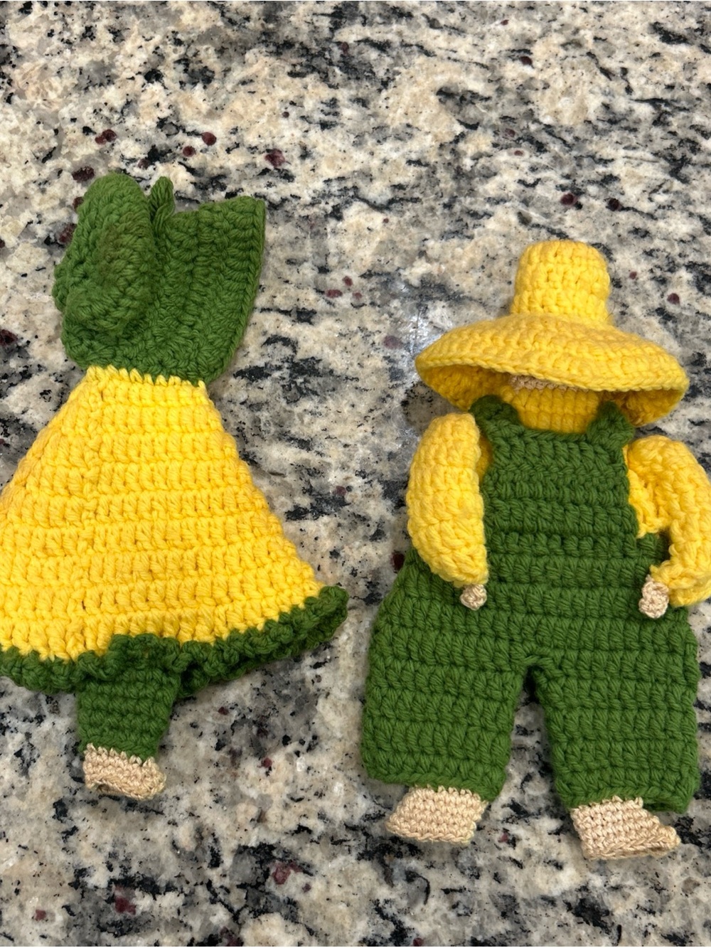Vintage Handmade Crochet Bonnet Baby County Boy Wall Hanging yellow/green 8”